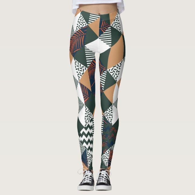 Geometric palm leaves, trendy pattern leggings (Front)