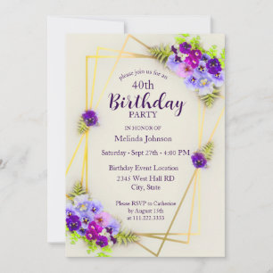 Geometric Pansy Floral 40th Birthday Invitation