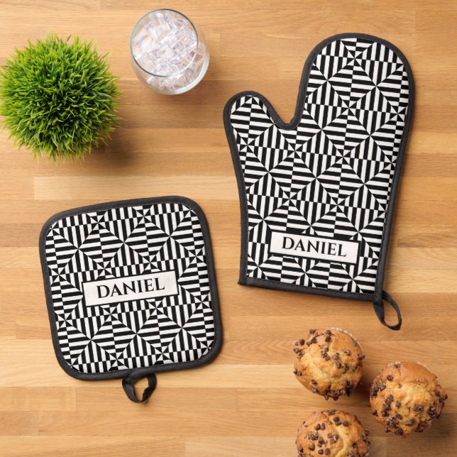Geometric pattern black and white with custom name oven mitt & pot holder set (Top Down)