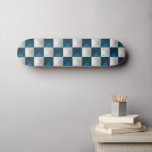 Geometric Pattern Blue Silver Skateboard<br><div class="desc">This skateboard features a geometric pattern chequerboard squares design with a triangular motif in a modern,  minimalist style. The pattern consists of alternating metallic blue and metallic silver triangular shapes arranged in a grid formation. The truck width is 5.25. The trucks are all terrain skateboard trucks.</div>