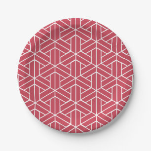 Geometric pattern featuring red hexagons paper plate
