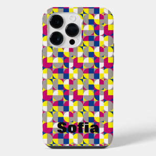 Geometric pattern fuchsia lemon yellow blue name iPhone 14 pro max case