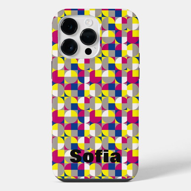 Geometric pattern fuchsia lemon yellow blue name iPhone case (Back)
