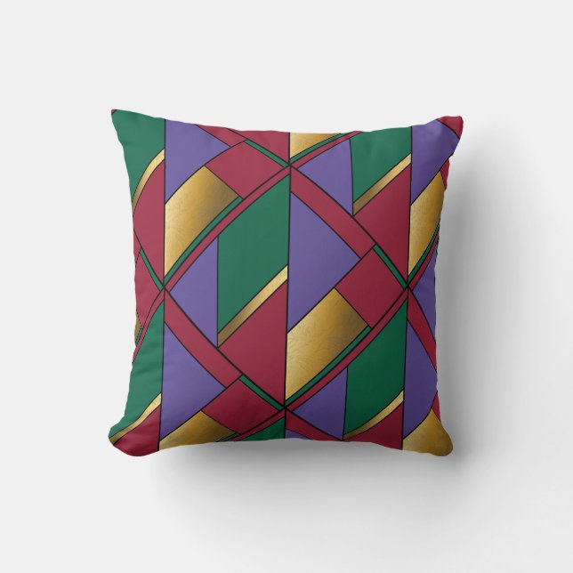 Geometric Pattern Gold Purple Green Red Cushion (Front)
