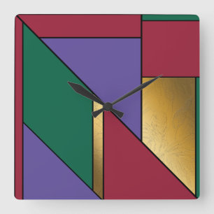 Geometric Pattern Gold Purple Green Red Square Wall Clock
