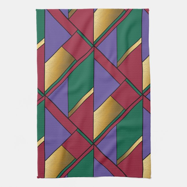 Geometric Pattern Gold Purple Green Red Tea Towel (Vertical)