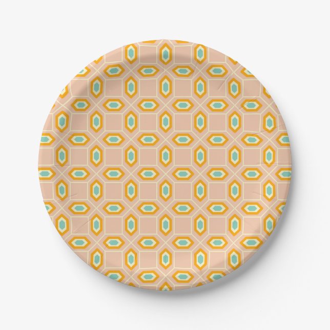 Geometric pattern in blue and orange diamond shape paper plate (Front)