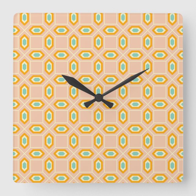 Geometric pattern in blue and orange diamond shape square wall clock (Front)