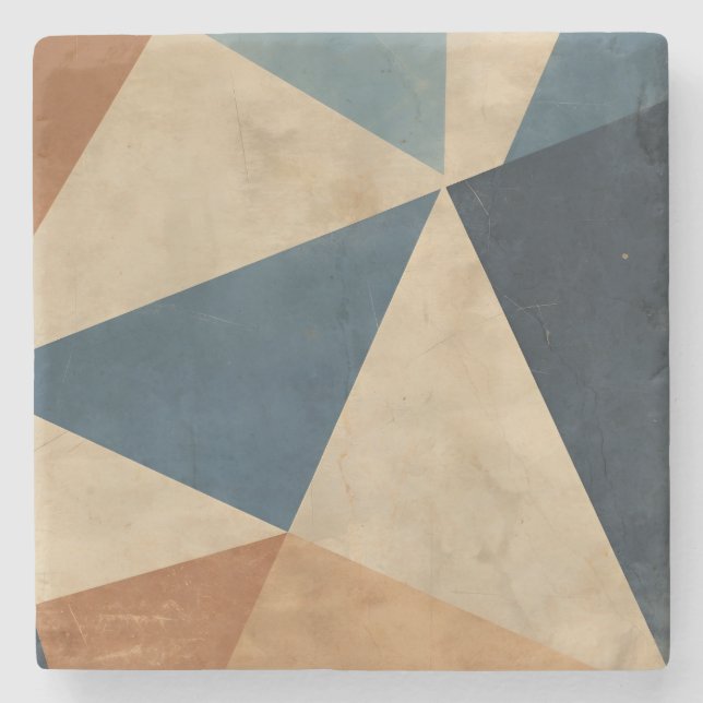 Geometric Pattern in Blues, Tans, and Rust Stone Coaster (Front)