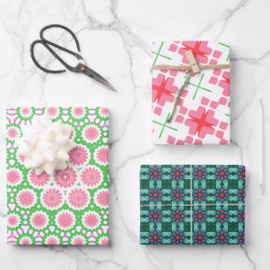 Geometric Pattern In Pink And Green Wrapping Paper Sheet