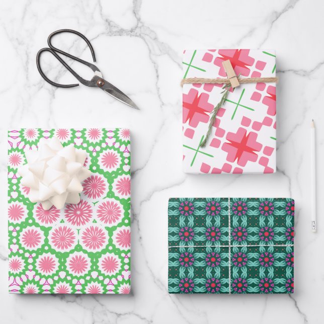 Geometric Pattern In Pink And Green Wrapping Paper Sheet (Front)