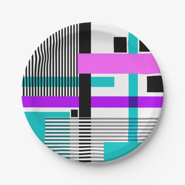 geometric pattern in striped and neon colours paper plate (Front)