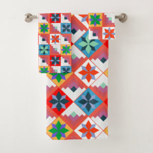 Geometric pattern multicolored patchwork  bath towel set