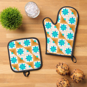 Geometric pattern multicolored patchwork oven mitt & pot holder set