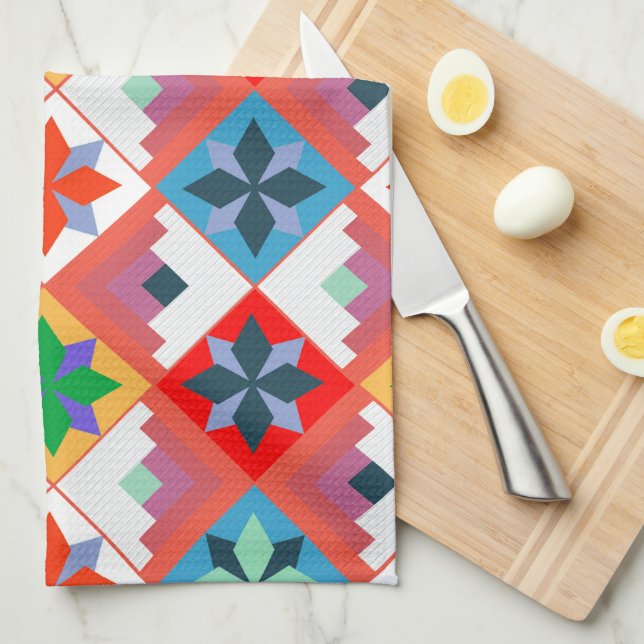 Geometric pattern multicolored patchwork  tea towel (Quarter Fold)