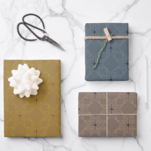 Geometric Pattern Ochre, Dusty Stone, Slate Blue Wrapping Paper Sheet