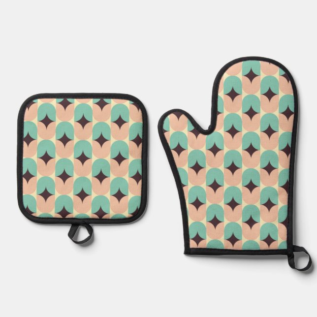 Geometric pattern of teal, beige, and black shapes oven mitt & pot holder set (Front)