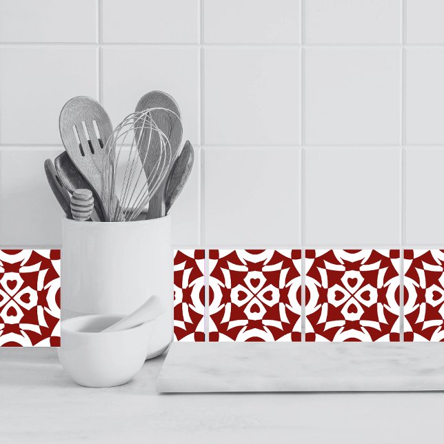 Geometric Pattern Red And White Tile (Kitchen Tiles - Border)