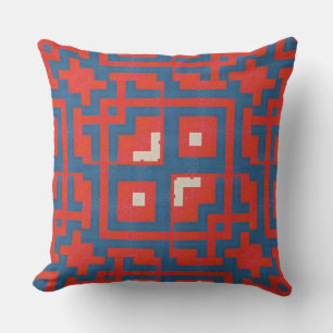 Geometric Pattern Red Shapes on Blue Background Cushion