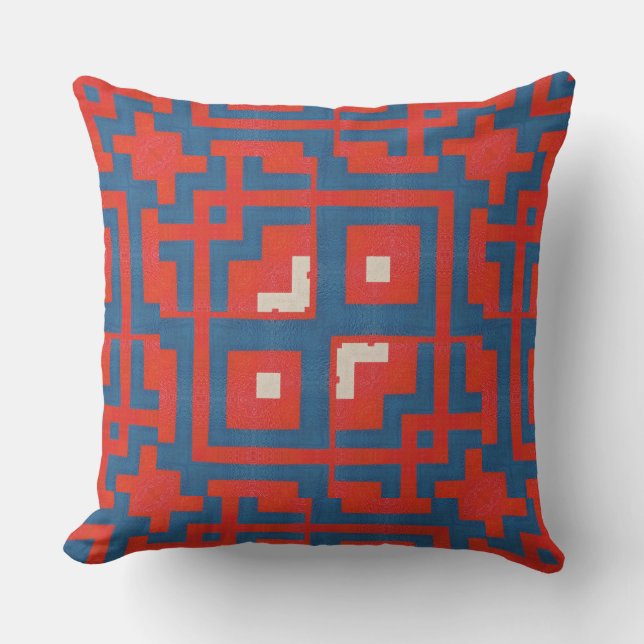 Geometric Pattern Red Shapes on Blue Background  Cushion (Front)