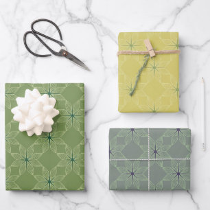 Geometric Pattern Sage, Mustard and Grey Wrapping Paper Sheet