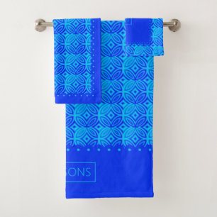 Geometric pattern, scalloped borders blue tones bath towel set
