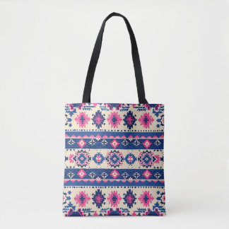 Geometric Pattern Tote Bag - Blue and Pink Stripes