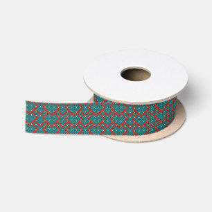 Geometric pattern with blue hearts outlined in red satin ribbon