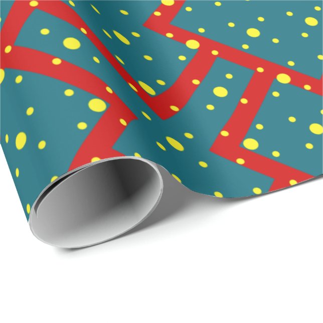 Geometric pattern with blue hearts outlined in red wrapping paper (Roll Corner)