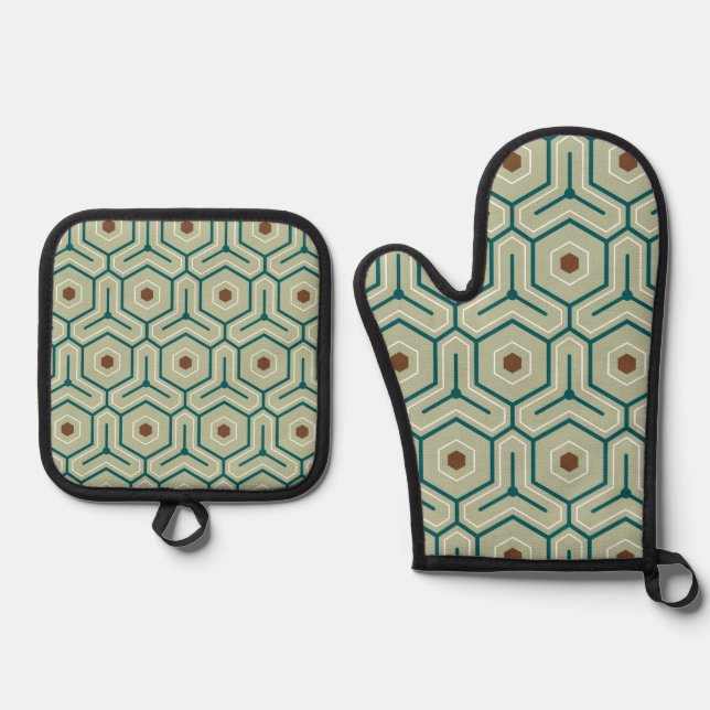 Geometric pattern with interlocking hexagons oven mitt & pot holder set (Front)