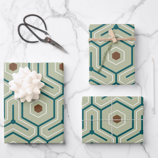 Geometric pattern with interlocking hexagons wrapping paper sheet (Front)