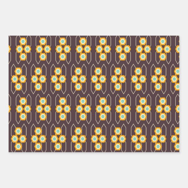 Geometric pattern with orange and blue hexagons wrapping paper sheet (Front)