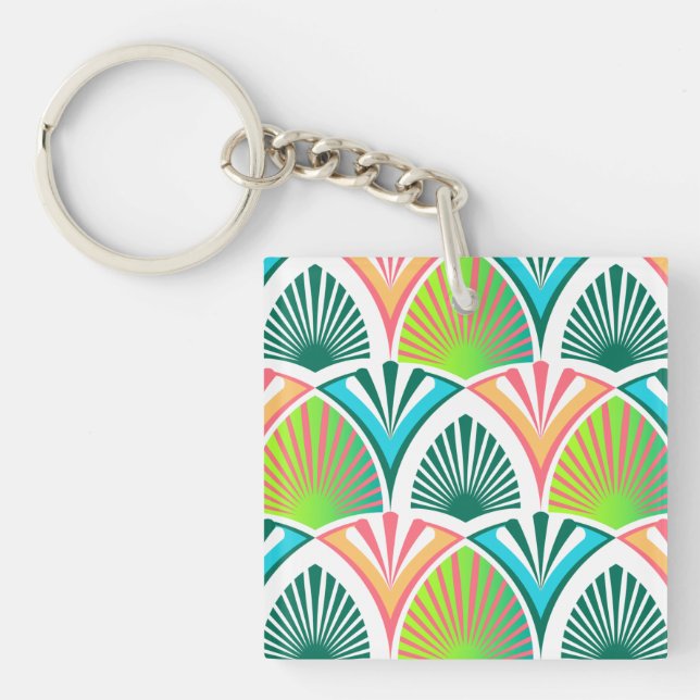 Geometric pattern with palm leaves and flowers key ring (Front)