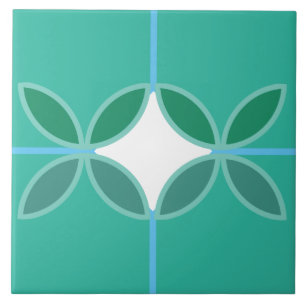 Geometric petal circles and diamond cross on cyan tile