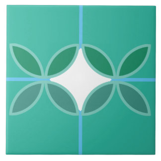 Geometric petal circles and diamond cross on cyan tile