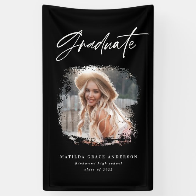 Geometric photo black white graduation party banner (Vertical)