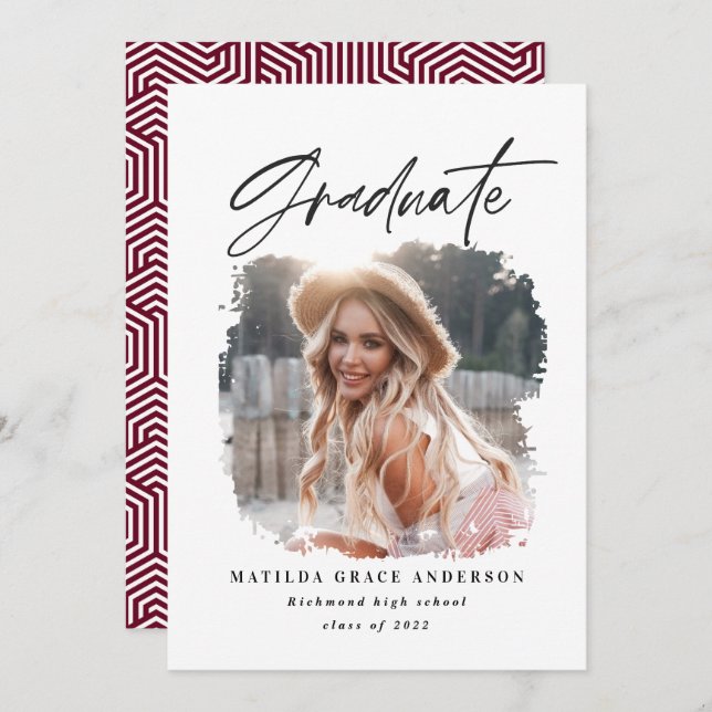 Geometric photo burgundy graduation party invite (Front/Back)