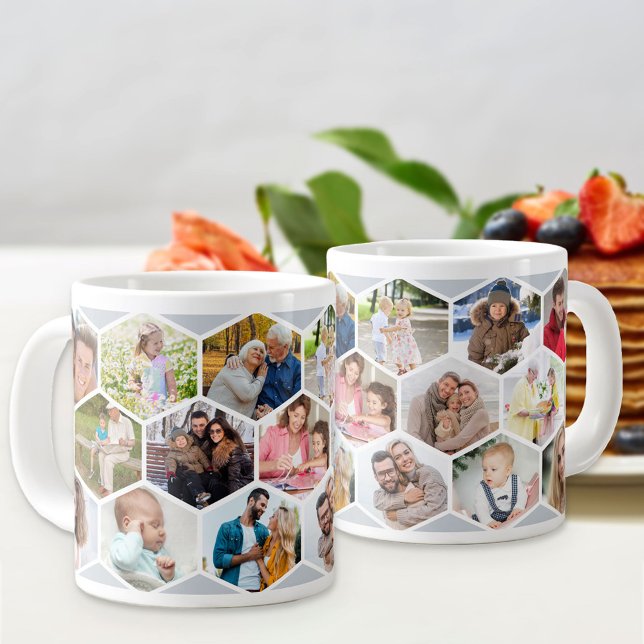 Geometric Photo Collage 17 Picture Silver Grey Large Coffee Mug (Jumbo photo mug with 17 of your favorite pics and silver grey hexagon honeycomb pattern)