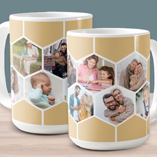 Geometric Photo Collage 9 Picture 15oz Coffee Mug (Honeycomb geometric hexagon shape photo mug with 9 pictures in honey beige)