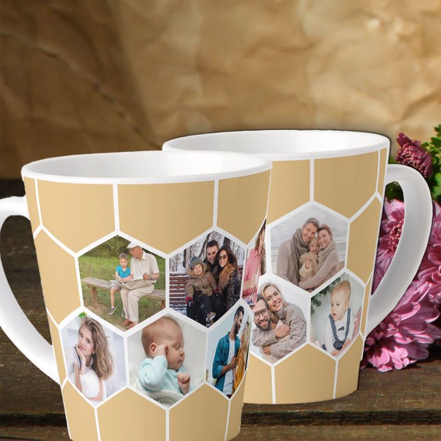 Geometric Photo Collage 9 Picture Honey Beige Latte Mug (Photo latte mug with 9 of your favorite pics and honey beige hexagon honeycomb pattern)