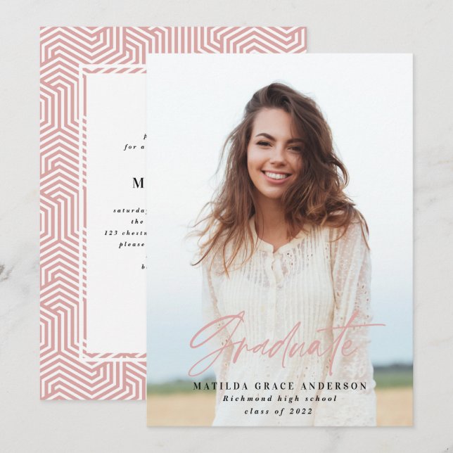 Geometric photo girly pink graduation party invite (Front/Back)