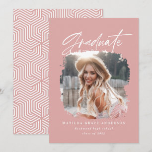 Geometric photo girly pink script graduation announcement