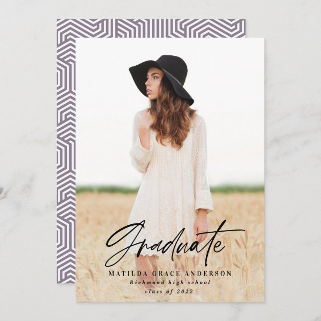 Geometric photo girly purple  grad party invite (Front/Back)