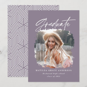Geometric photo girly purple  script graduation announcement