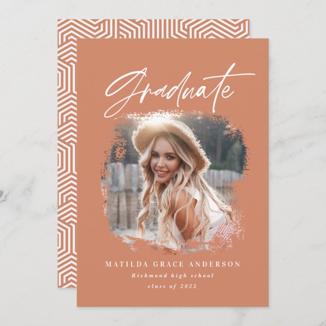 Geometric photo terracotta script graduation announcement (Front/Back)