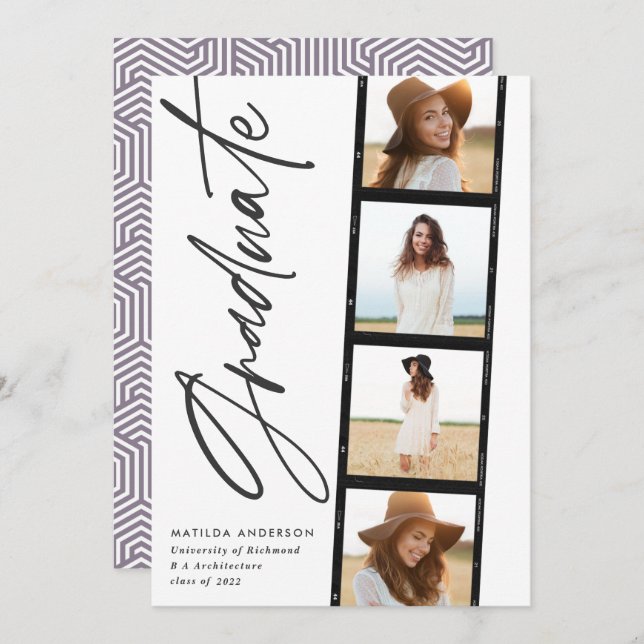 Geometric photo typography purple graduation announcement (Front/Back)