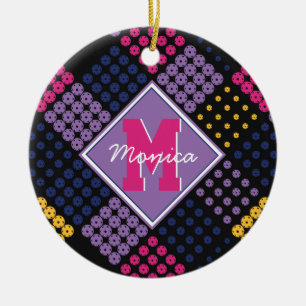 Geometric pickleball pattern, with name ceramic tree decoration