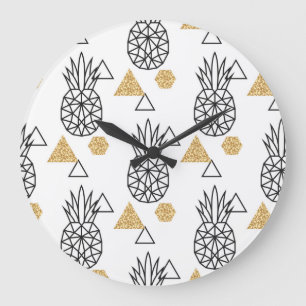 Geometric Pineapple Gold Dots Pattern. Large Clock