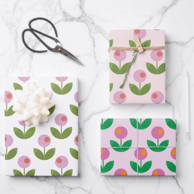 Geometric Pink and Green Flowers Wrapping Paper Sheet (Front)