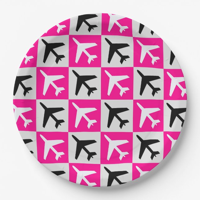 Geometric Pink Aviation Jets Aeroplane Paper Plate (Front)